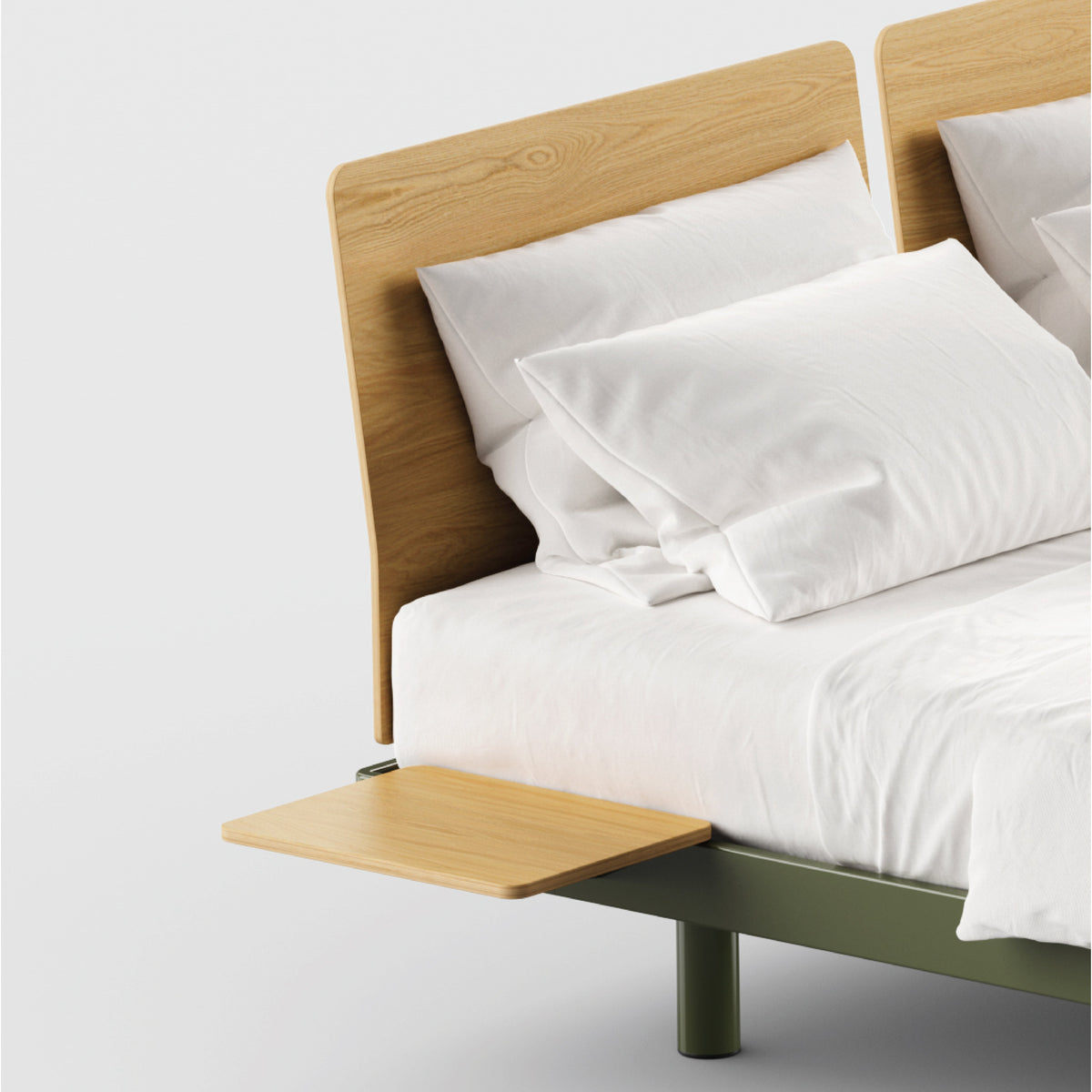 MC-1 bed frame with oak headboard and oak side table — full system